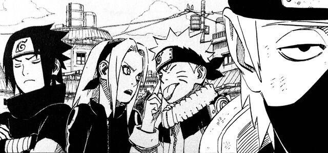a manga screencap of sasuke, sakura, naruto, and kakashi